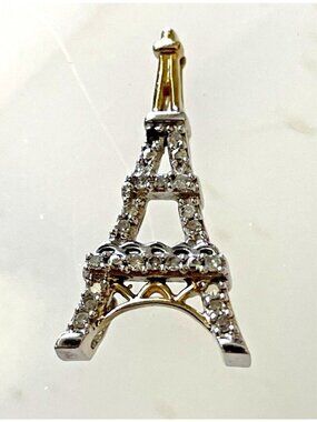 Vintage 14K Gold & 925 Sterling Silver Diamond Eiffel Tower Pendant Charm SB